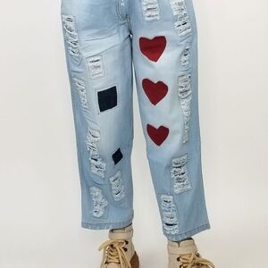 Trendy Light Blue Boyfriend Jeans with Red Heart Accents